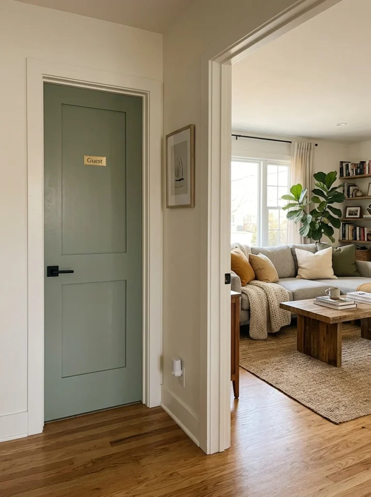 Guest bathroom beside a living room showing a common privacy challenge in modern homes.