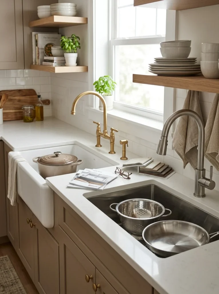 Homeowner comparing kitchen sink options in a modern family kitchen before making a purchasing decision.