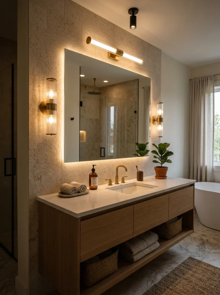 Comparison of poor overhead bathroom lighting versus balanced layered lighting around a vanity mirror.