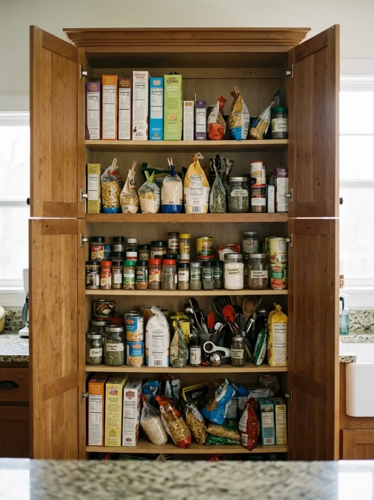 Cluttered kitchen pantry before organizing with mismatched food containers and kitchen supplies.