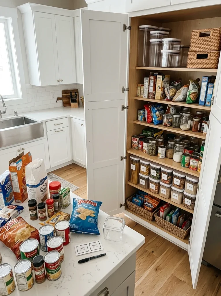 Kitchen pantry emptied onto a counter before sorting and organizing food into storage containers.