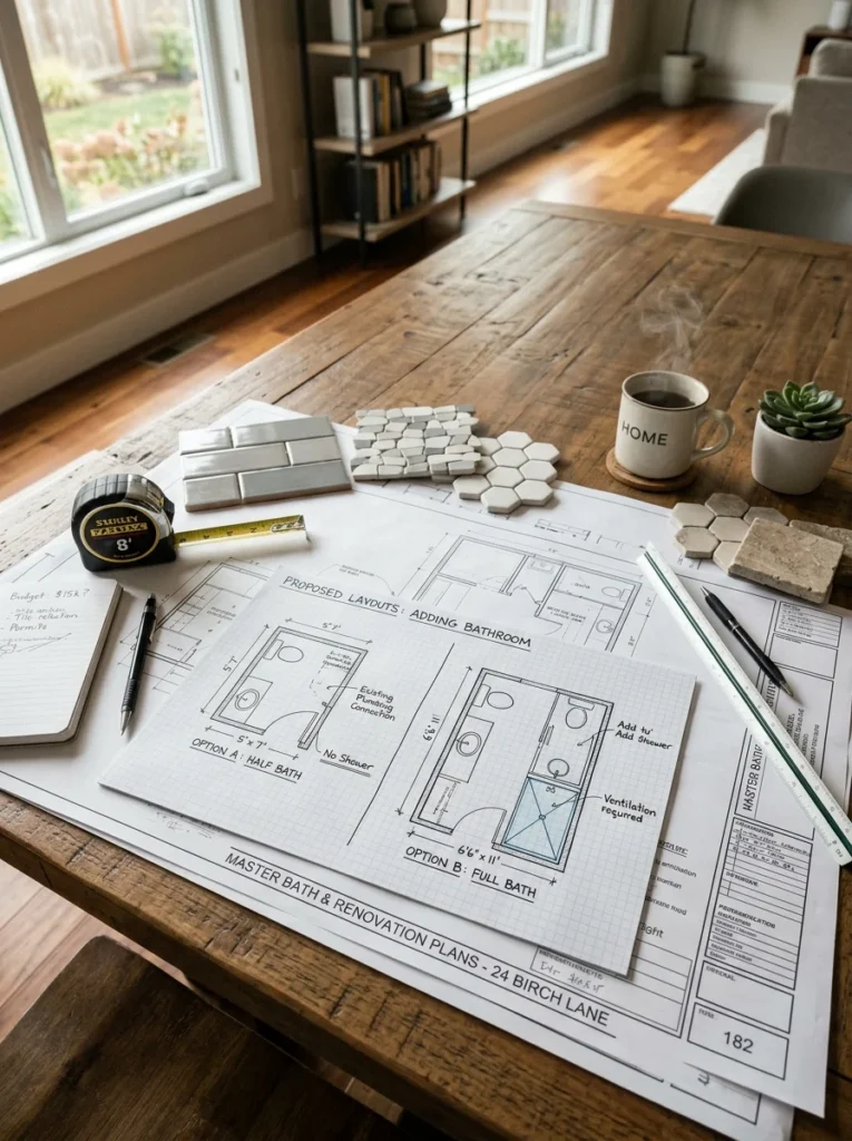 Homeowner reviewing renovation plans while deciding between adding a half bath or a full bath.