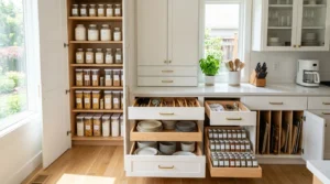 Modern kitchen with neatly organized cabinets, pantry containers, dishes, and storage solutions for maximum efficiency.