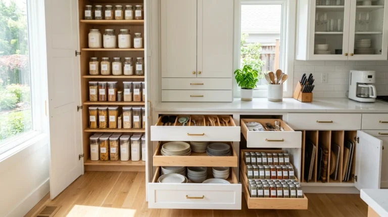 Modern kitchen with neatly organized cabinets, pantry containers, dishes, and storage solutions for maximum efficiency.