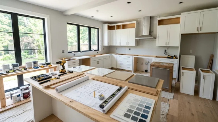 Modern kitchen renovation in progress showing planning materials, cabinets, flooring, and renovation stages.