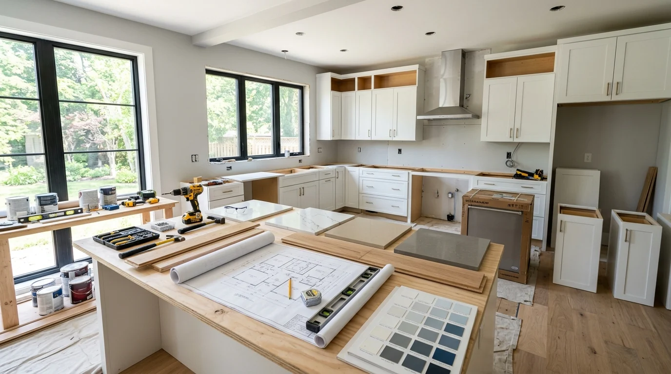 Modern kitchen renovation in progress showing planning materials, cabinets, flooring, and renovation stages.