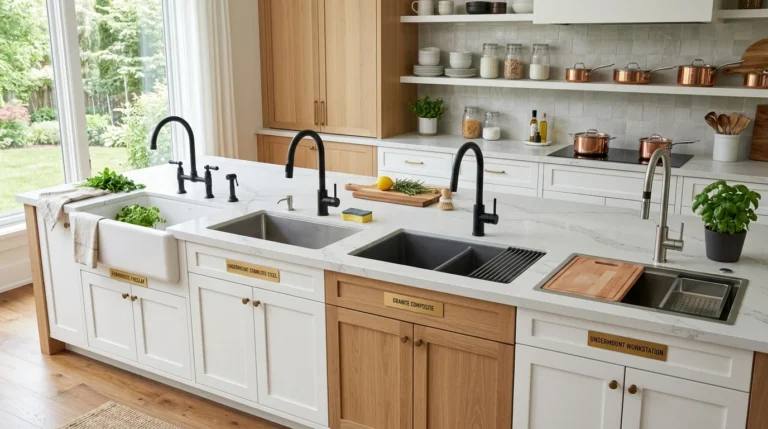 Modern kitchen displaying different kitchen sink styles including stainless steel, farmhouse, and composite sinks for household comparison.