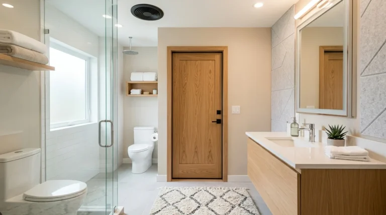 Modern bathroom featuring soundproofing upgrades including a solid-core door, acoustic wall treatment, and quiet exhaust fan for improved privacy.
