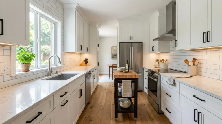 Bright modern galley kitchen featuring white cabinets, quartz countertops, under-cabinet lighting, and a functional narrow layout.