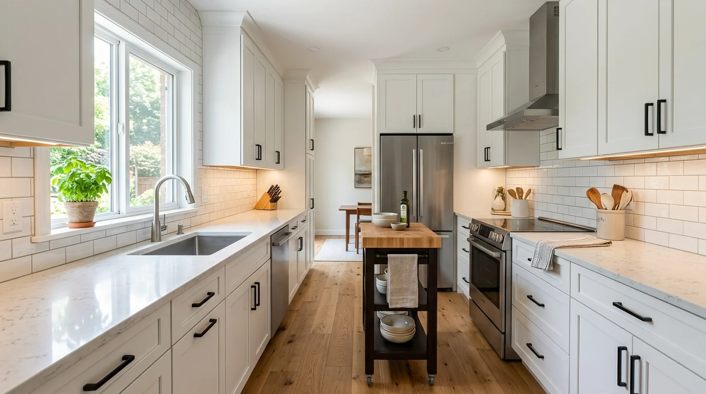 Bright modern galley kitchen featuring white cabinets, quartz countertops, under-cabinet lighting, and a functional narrow layout.