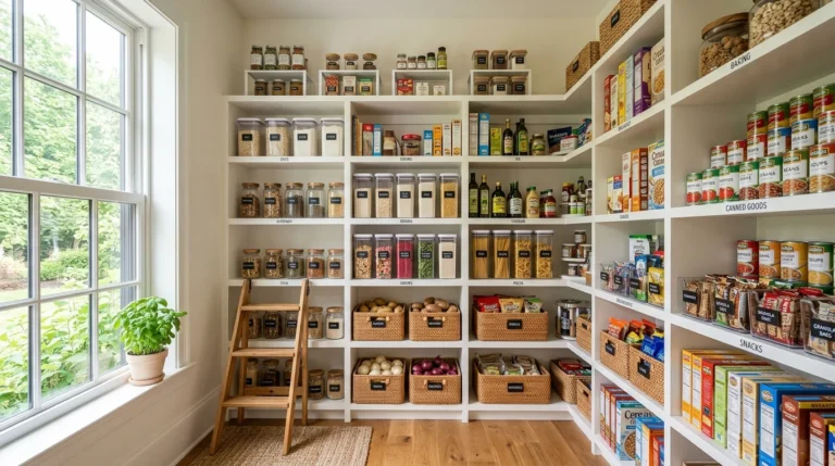 Beautifully organized modern pantry with labeled containers, baskets, and storage solutions that stay neat every day.