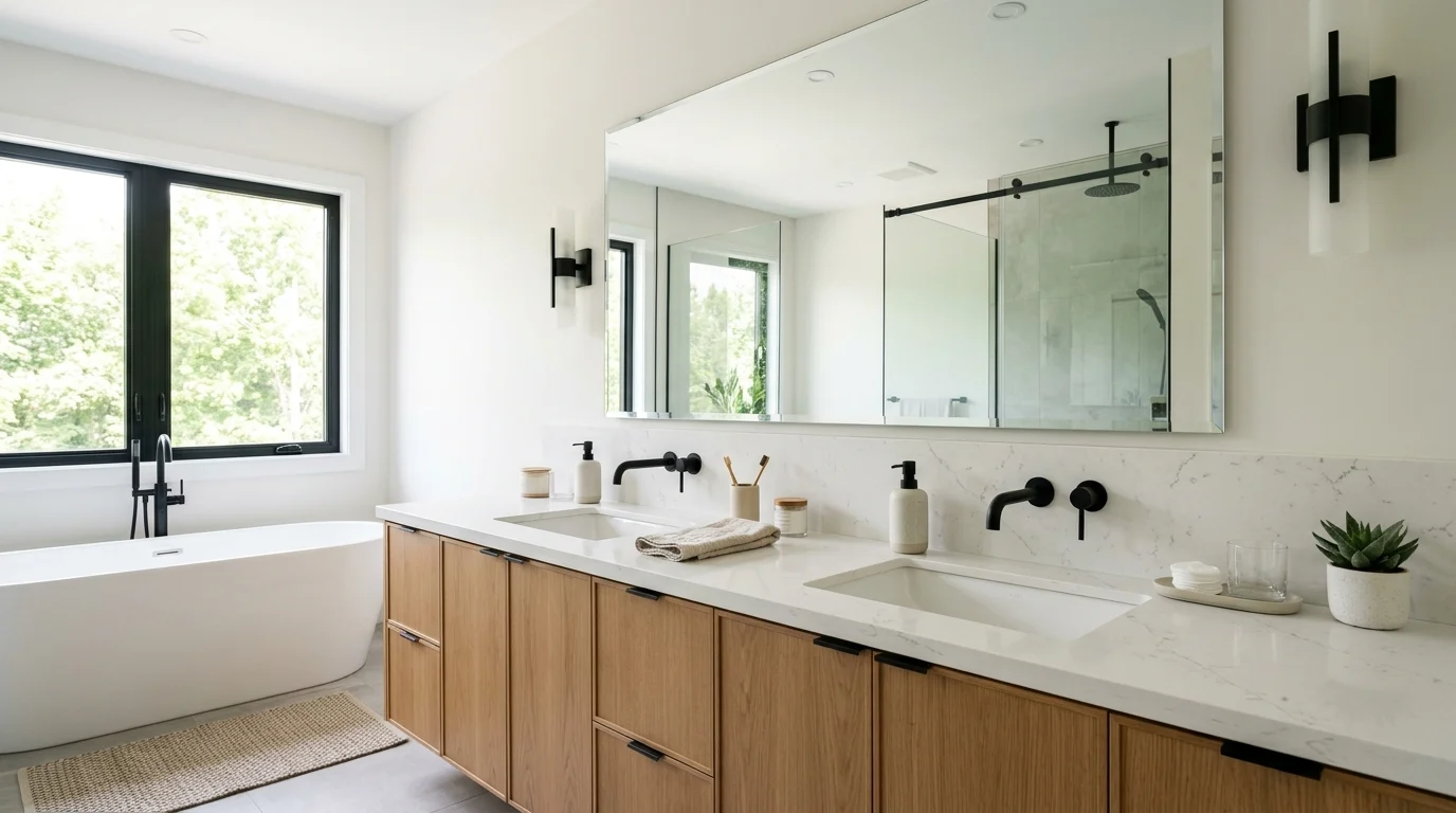 Modern bathroom with a spacious double vanity, two sinks, quartz countertop, and large mirror.