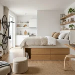 Modern studio apartment featuring clever storage ideas including built-in bed drawers, floating shelves, foldable desk, and multifunctional furniture.