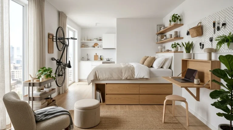 Modern studio apartment featuring clever storage ideas including built-in bed drawers, floating shelves, foldable desk, and multifunctional furniture.