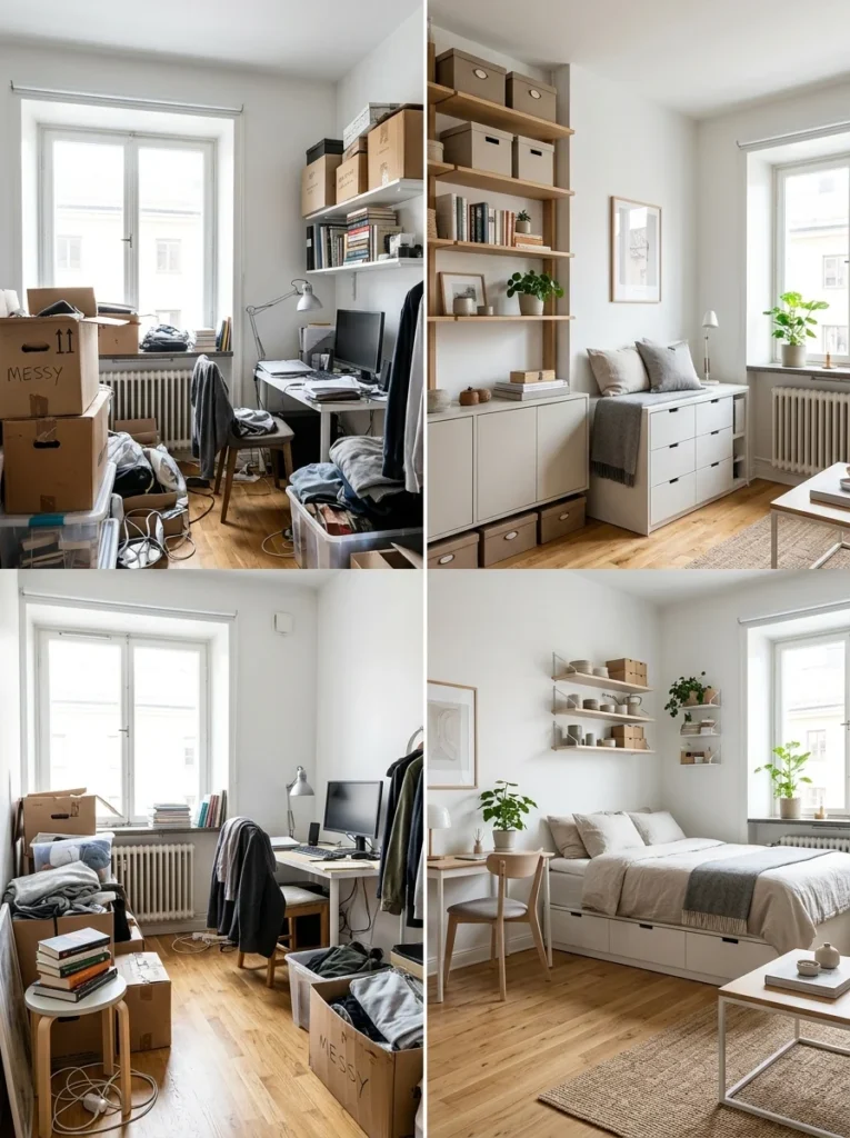 Small studio apartment transformed from cluttered to organized using smart storage ideas and multifunctional furniture.