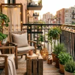 Small apartment balcony decorated on a budget with DIY furniture, plants, string lights, and cozy outdoor decor.