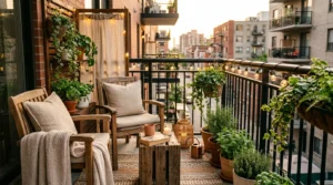 Small apartment balcony decorated on a budget with DIY furniture, plants, string lights, and cozy outdoor decor.