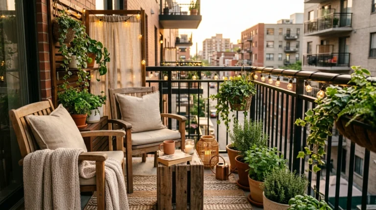 Small apartment balcony decorated on a budget with DIY furniture, plants, string lights, and cozy outdoor decor.