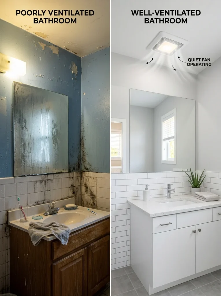 Comparison of a poorly ventilated bathroom versus a properly ventilated bathroom with an exhaust fan.