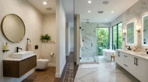 Modern side-by-side comparison of a stylish half bath and a spacious full bathroom inside a contemporary home.