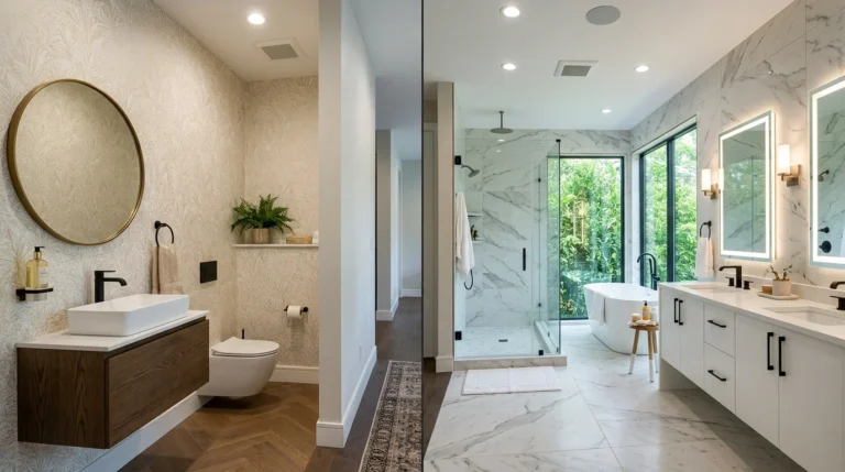 Modern side-by-side comparison of a stylish half bath and a spacious full bathroom inside a contemporary home.