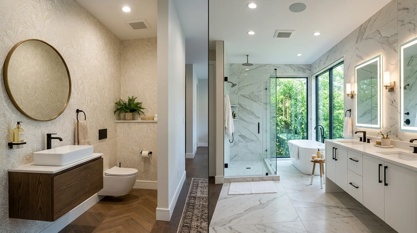 Modern side-by-side comparison of a stylish half bath and a spacious full bathroom inside a contemporary home.