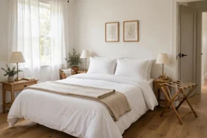 Guest bedroom ideas with a made bed, bedside lamps, and luggage space for visitors.