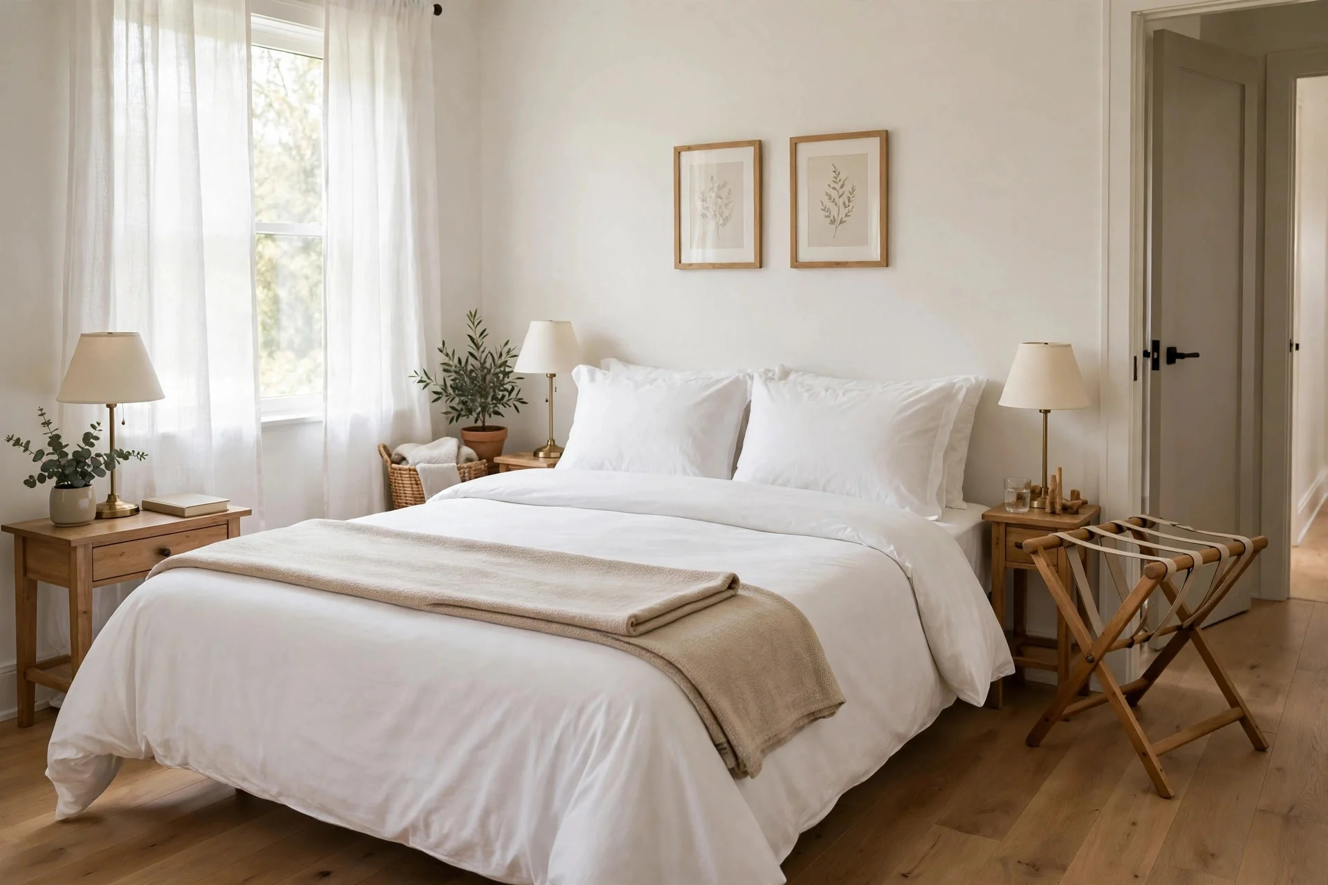 Guest bedroom ideas with a made bed, bedside lamps, and luggage space for visitors.
