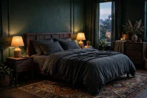 Moody bedroom ideas with deep green walls and charcoal bedding in warm lamplight.