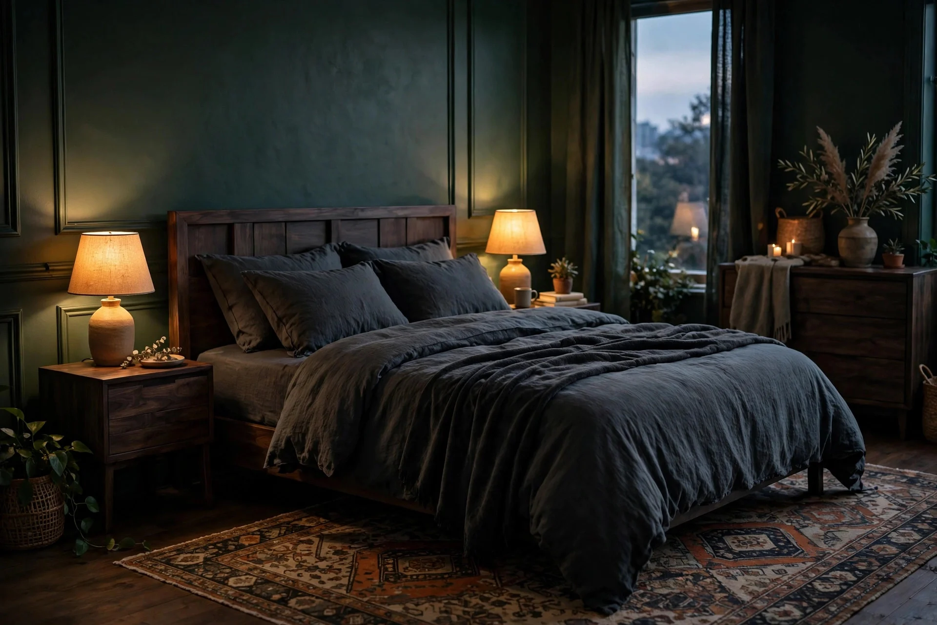 Moody bedroom ideas with deep green walls and charcoal bedding in warm lamplight.