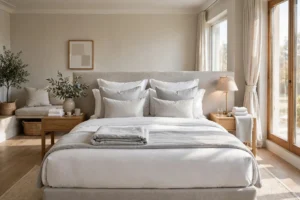 King bed pillow arrangement styled like a hotel with layered white and grey pillows.
