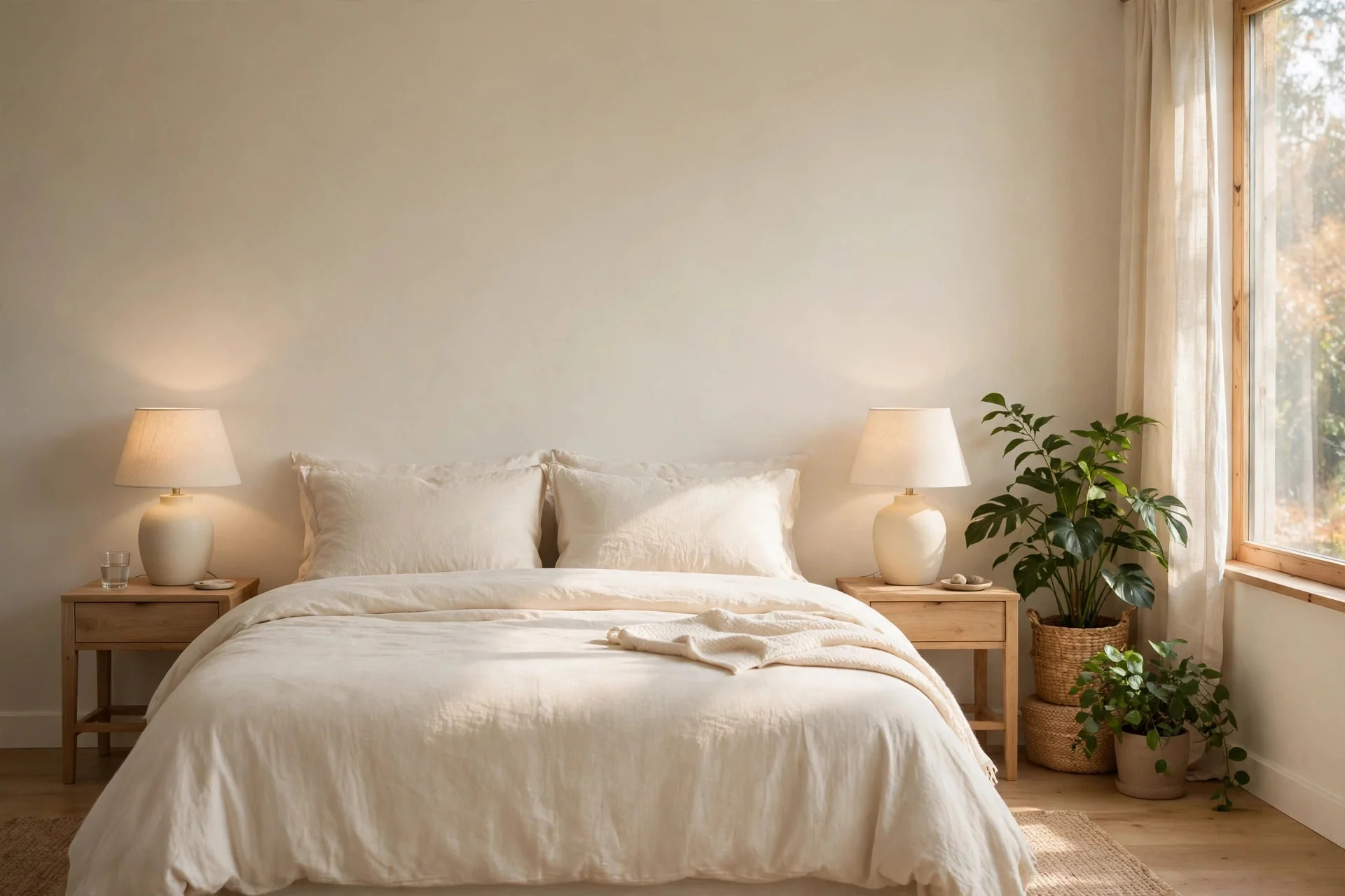 Feng shui bedroom layout with bed on a solid wall and balanced bedside lamps.