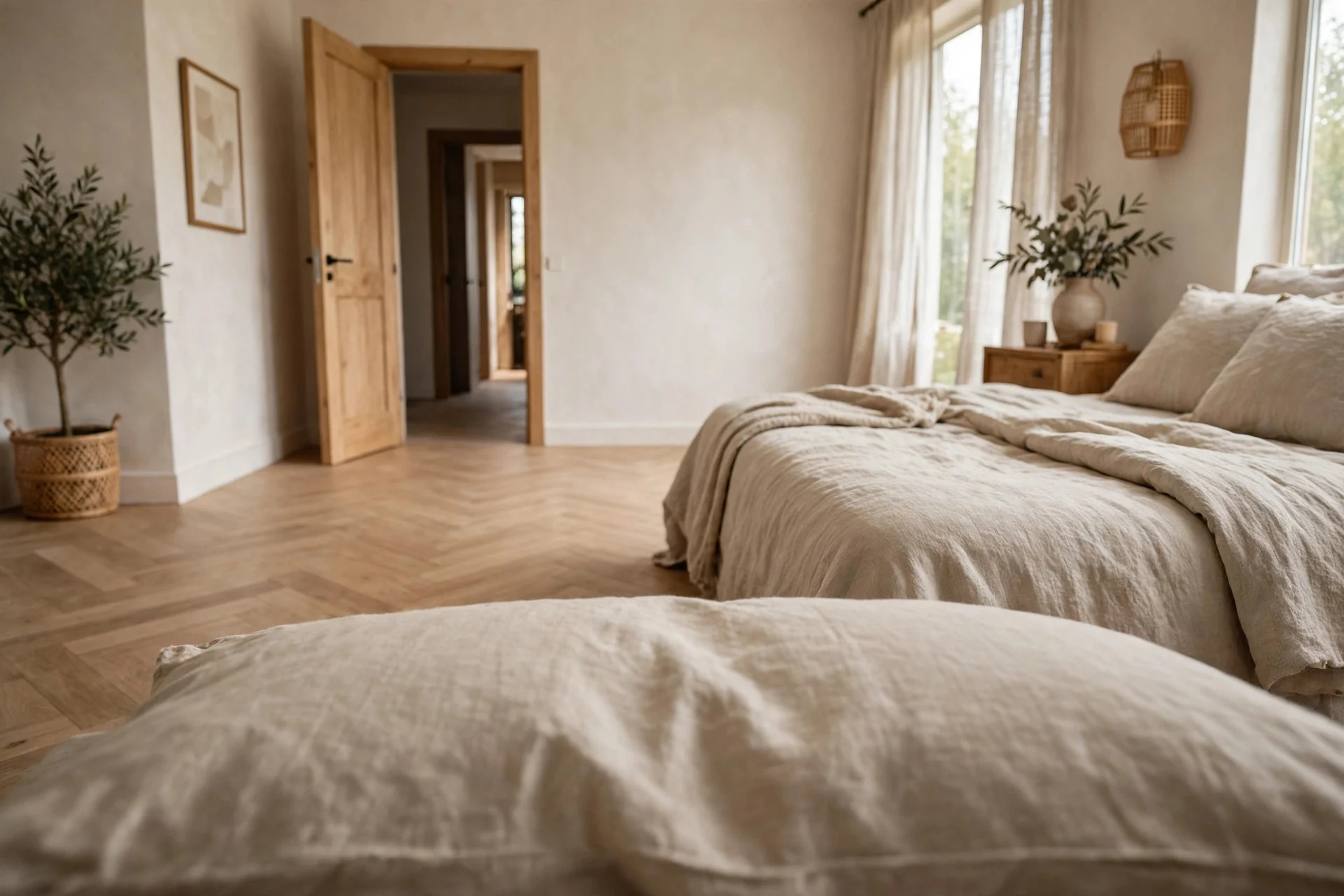 Bed placed in the command position with a view of the bedroom door.