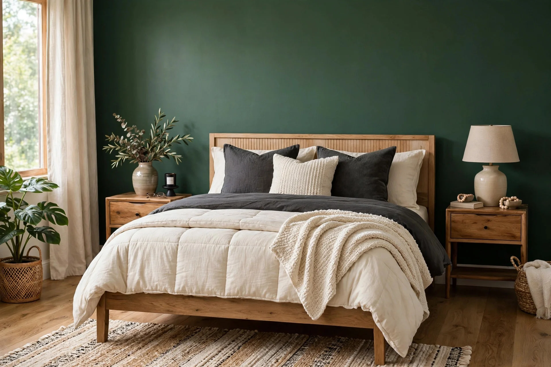 Deep green feature wall behind a bed in a moody bedroom.