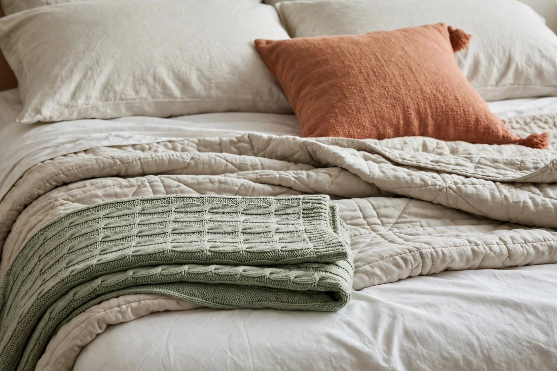 Layered bedding for a guest bedroom with a quilt and throw at the foot of the bed.
