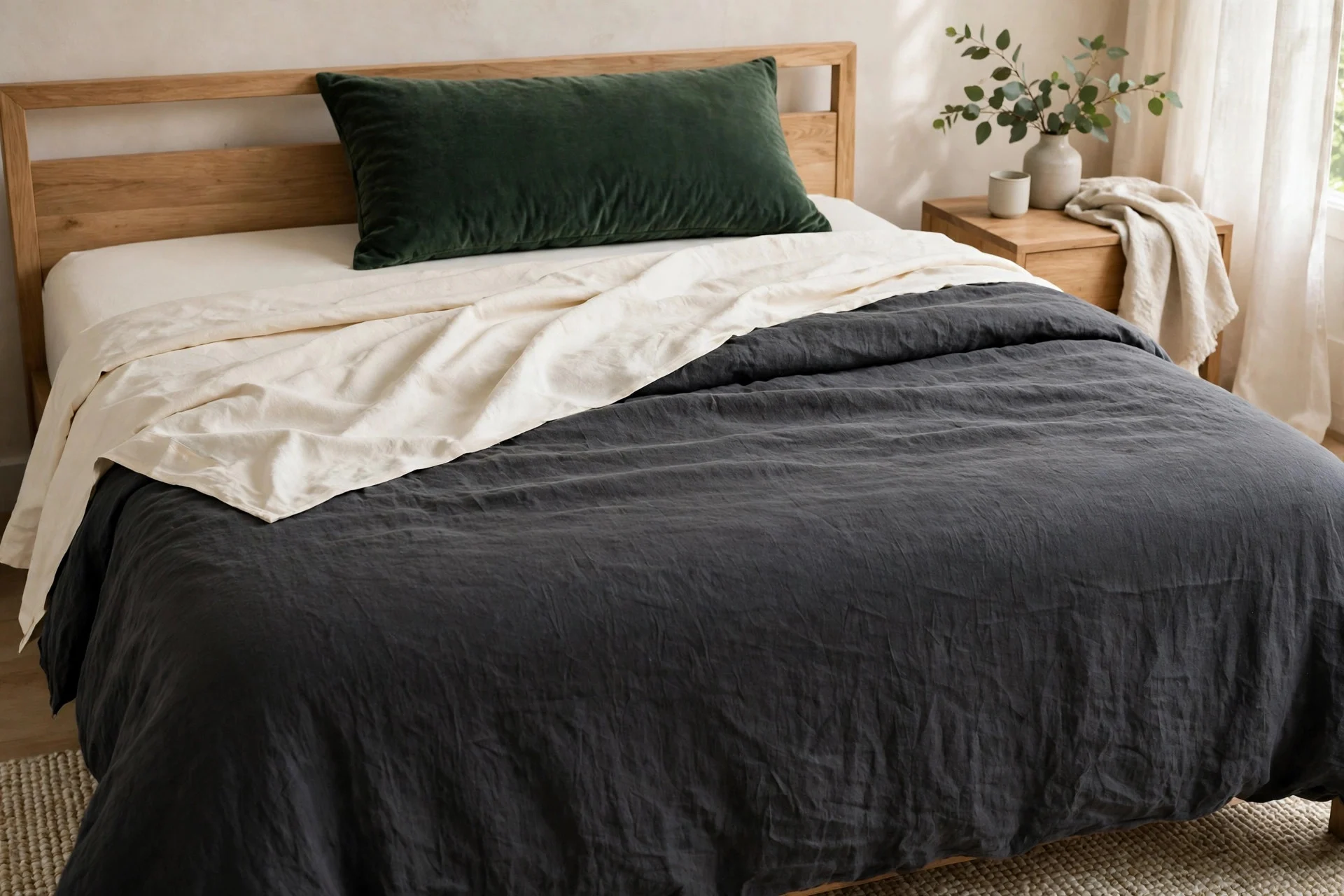 Charcoal bedding with cream sheets in a moody bedroom.