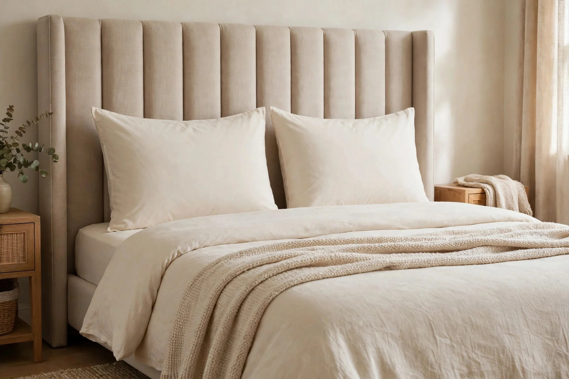 Two king pillows placed upright across the back row of a king bed.