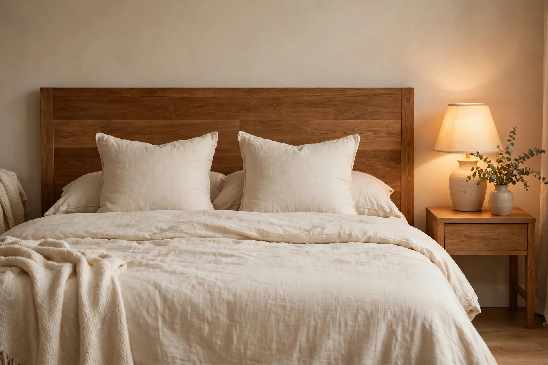Solid wooden headboard giving support behind a bed in a feng shui bedroom layout.