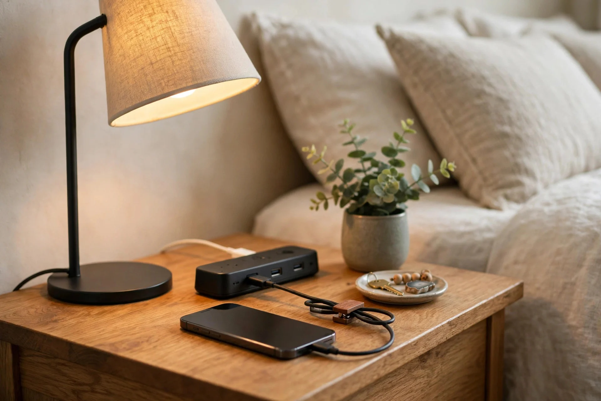 Bedside charging station in a guest bedroom with a phone and charger.
