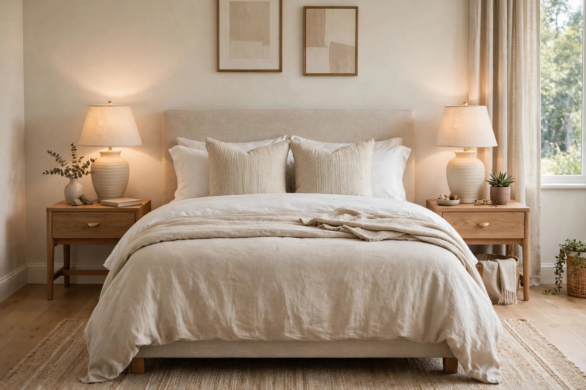 Clear space and matching tables on both sides of the bed.