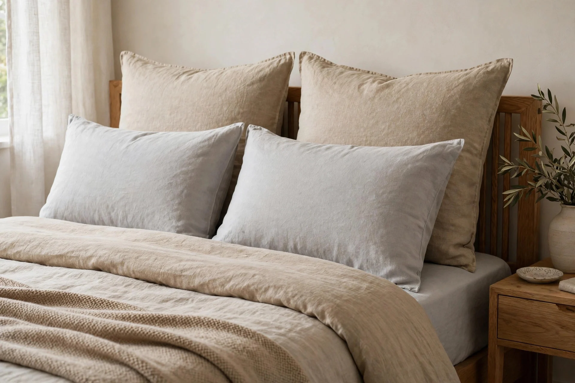 Standard pillows layered in front of king pillows on a styled bed.