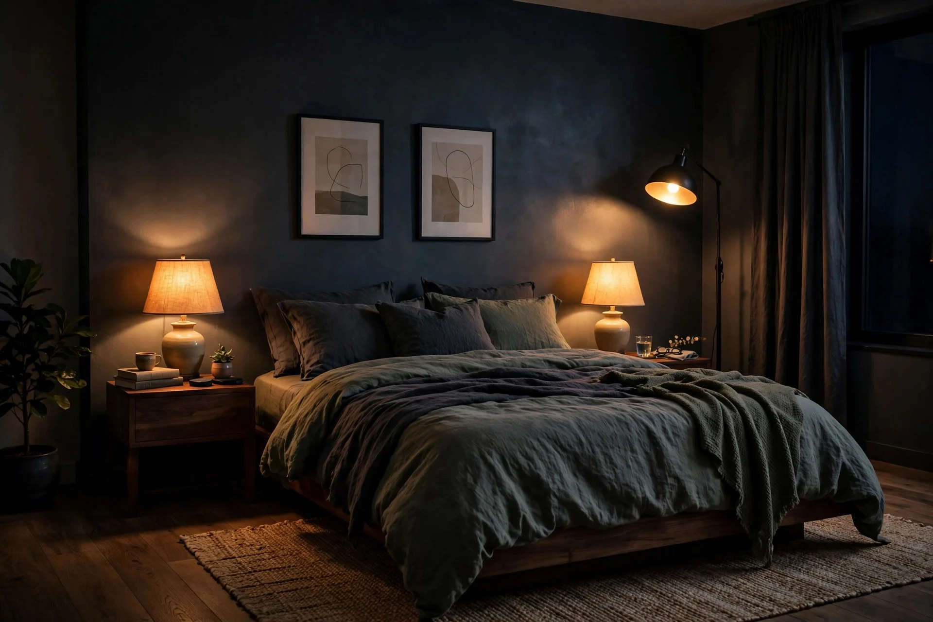 Warm layered lighting in a moody bedroom with dark walls.