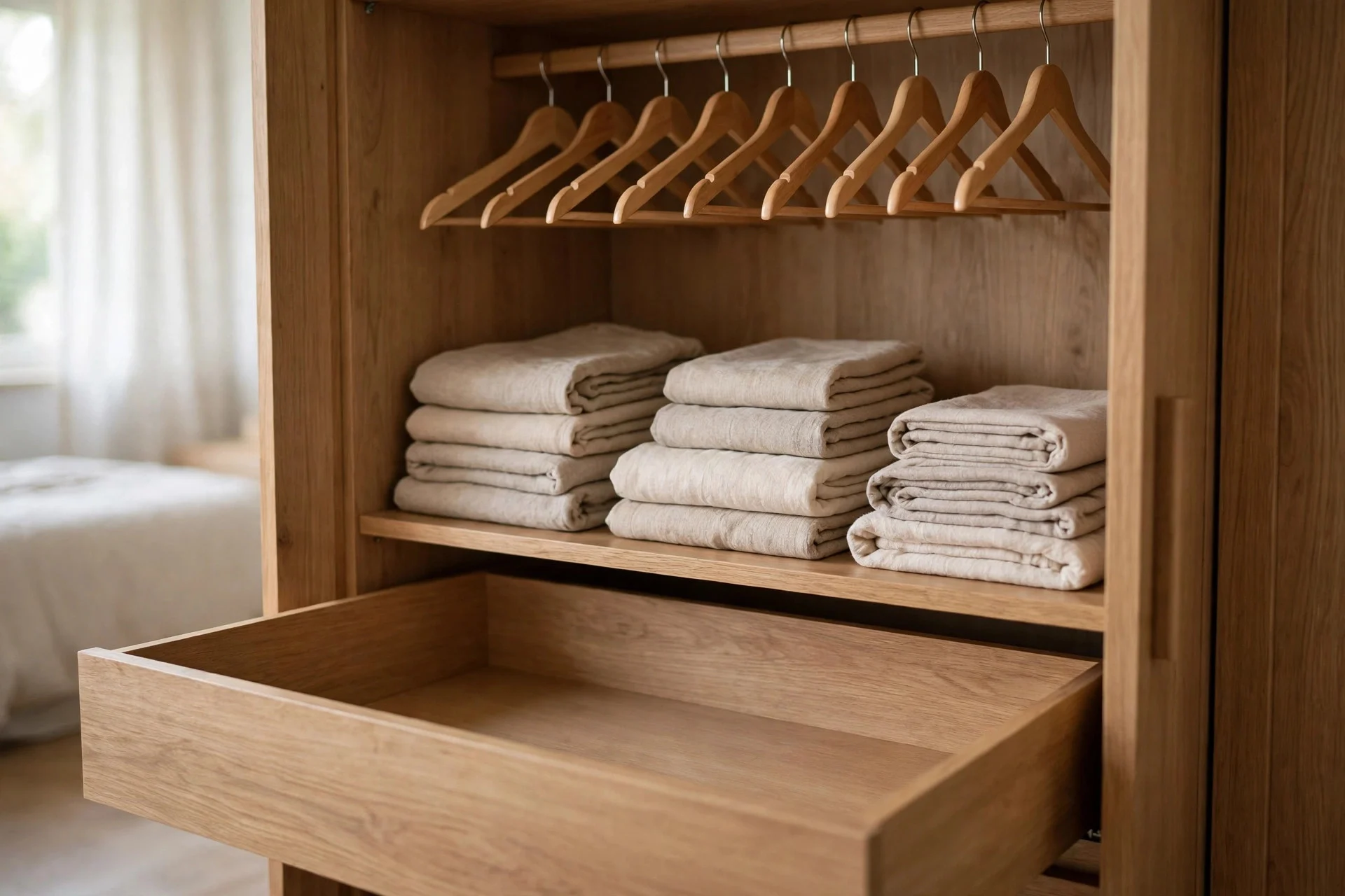 Empty drawer and hangers in a guest bedroom wardrobe for unpacking.