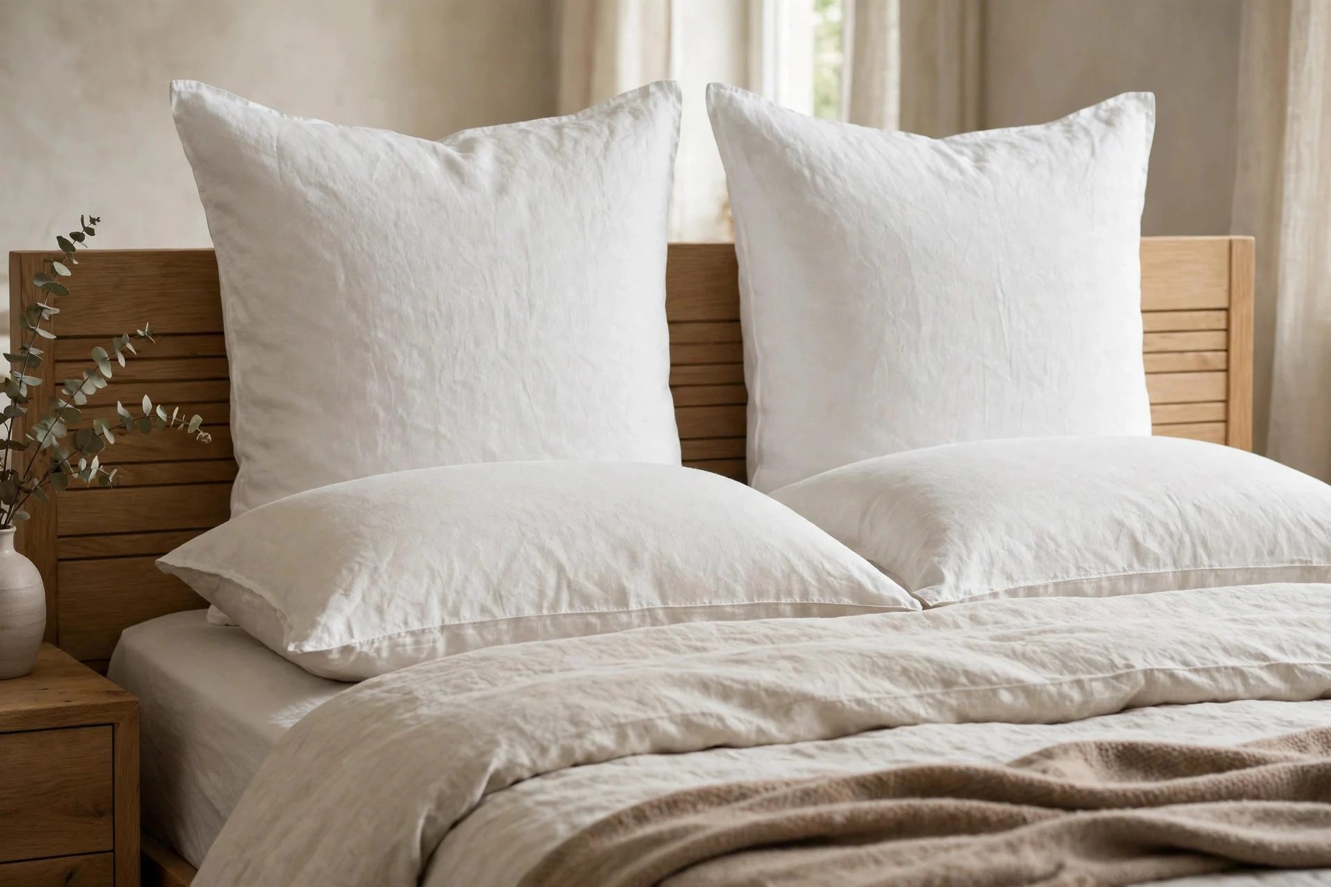 Euro square pillows adding height to a king bed pillow arrangement.