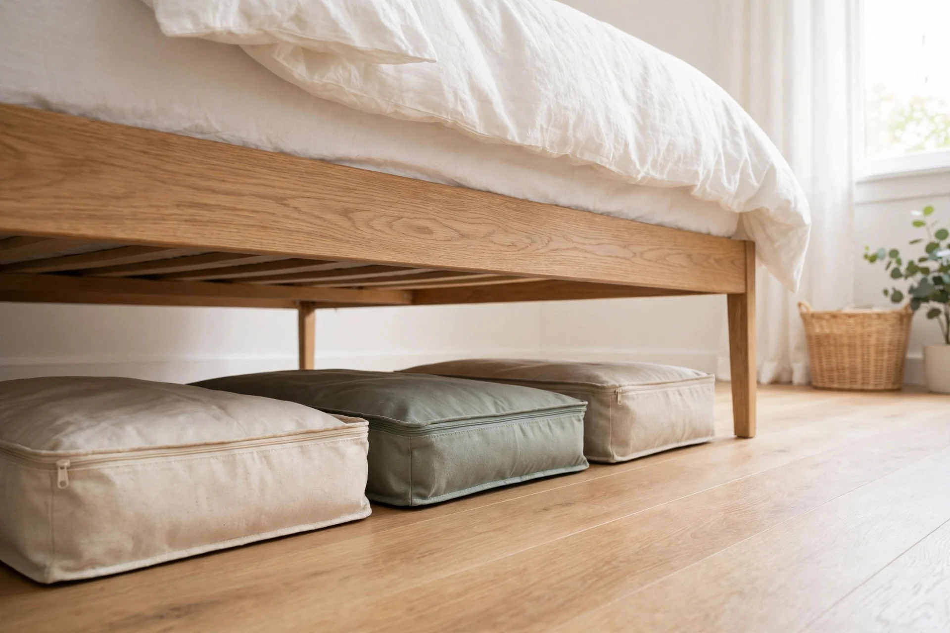 Clear space under the bed with only neat spare bedding storage.