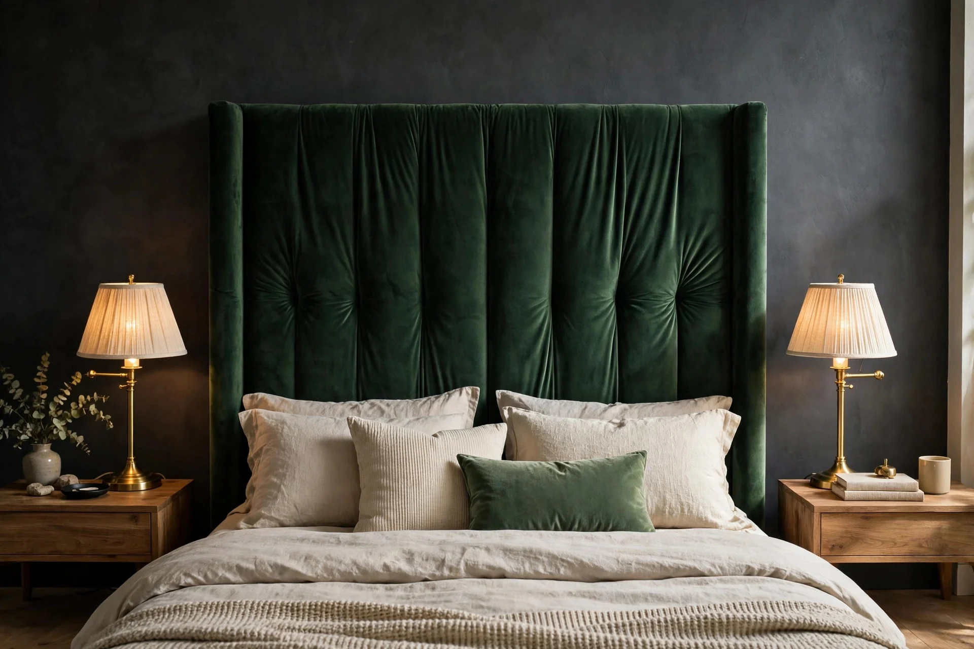 Deep green velvet headboard in a moody bedroom.