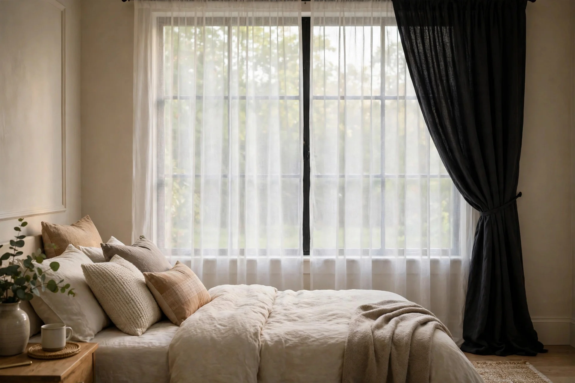Blackout and sheer curtains in a guest bedroom for sleep and privacy.