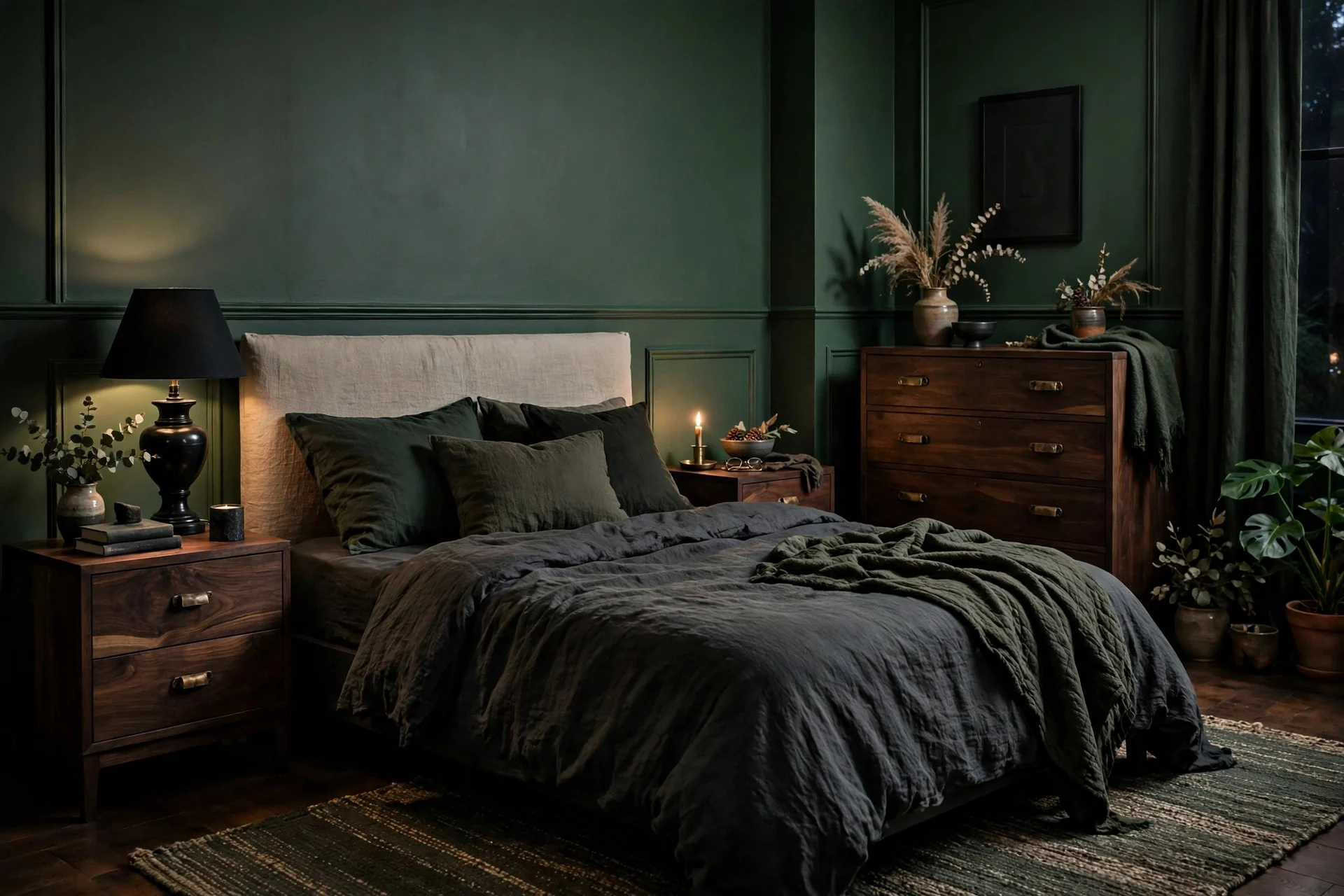 Dark wood furniture in a moody green and charcoal bedroom.