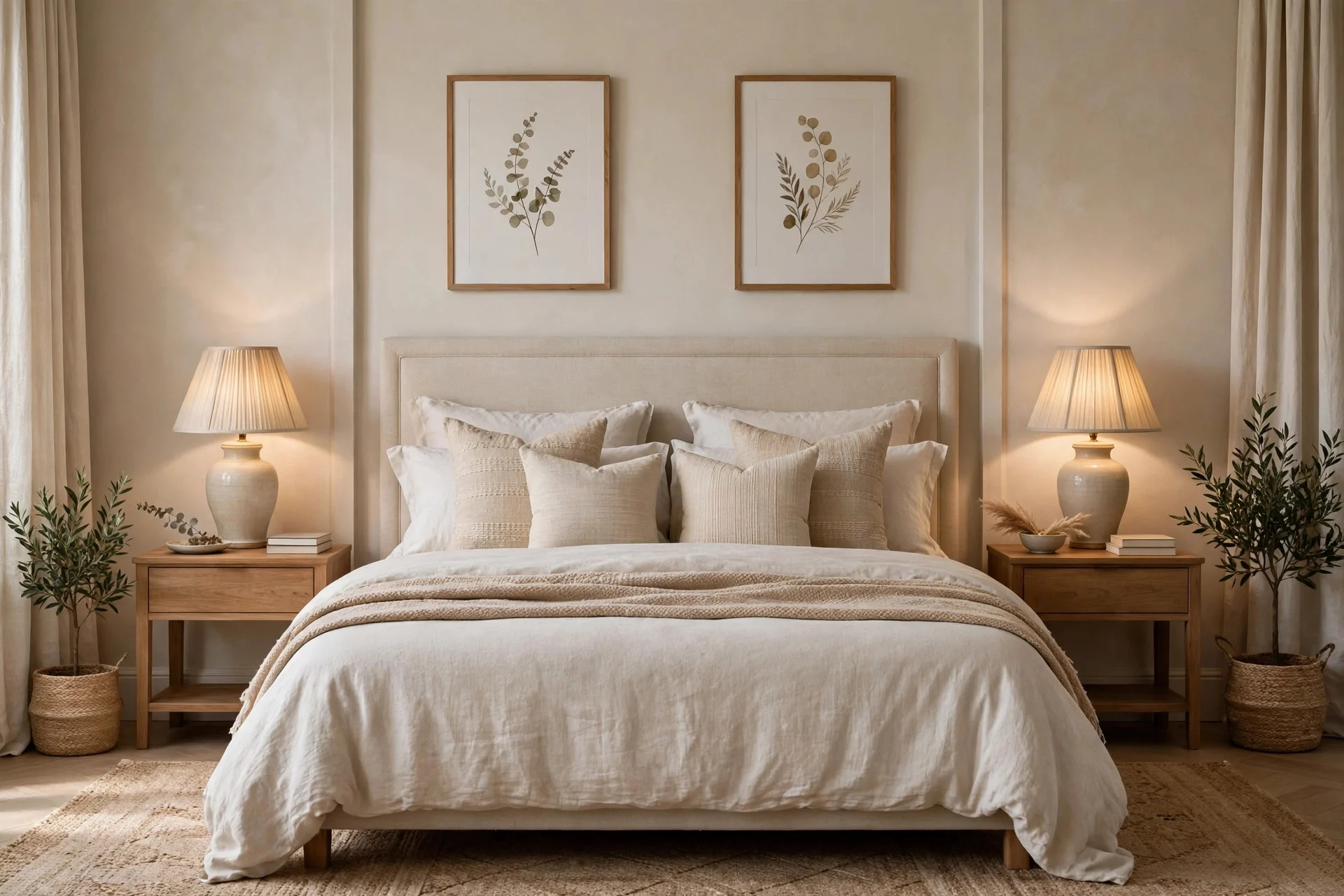 Paired lamps and tables creating balance in a feng shui bedroom layout.