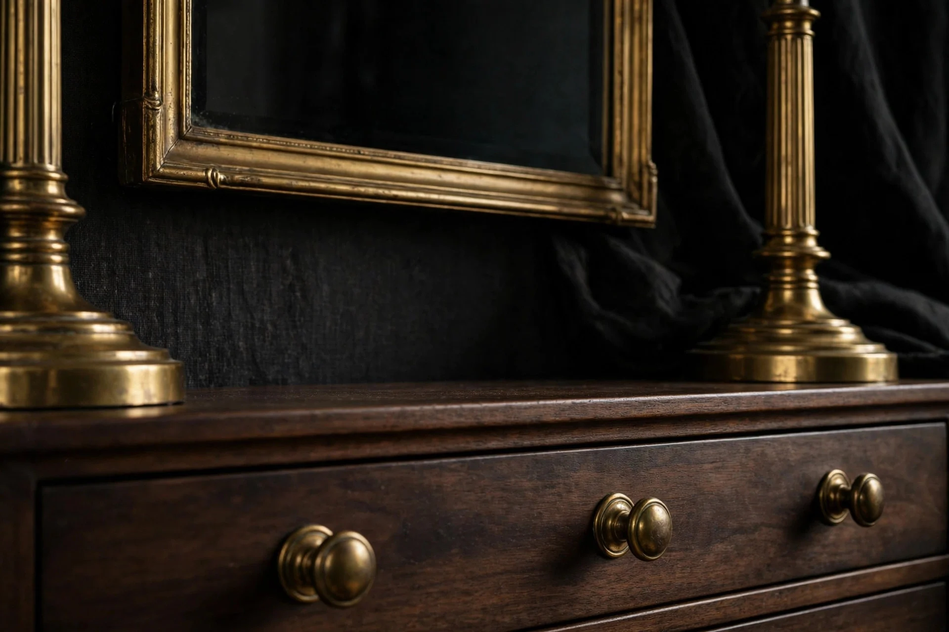 Brass accents in a moody bedroom with dark walls.